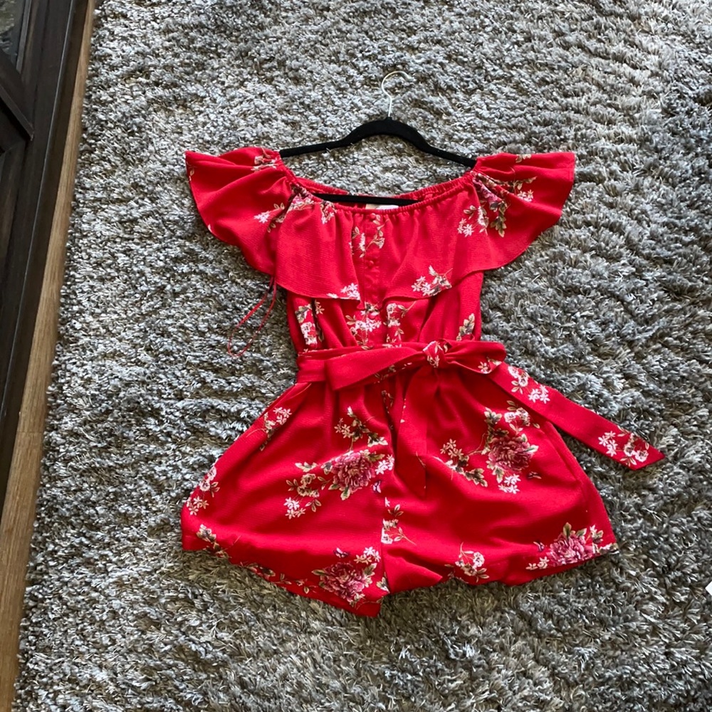 Red floral off the shoulder romper